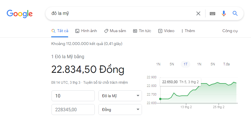 Quy đổi tiền đô sang tiền Việt bằng google