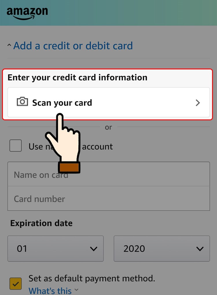 Nhấn chọn Scan your card để chụp ảnh 2 mặt thẻ tín dụng
